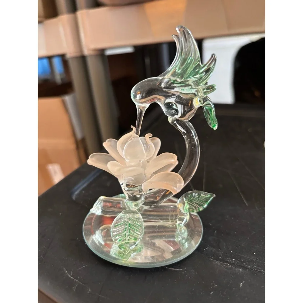 Glass Hummingbird Figurine w/ Flower Frosted Clear Mirror Base Art Glass Vintage